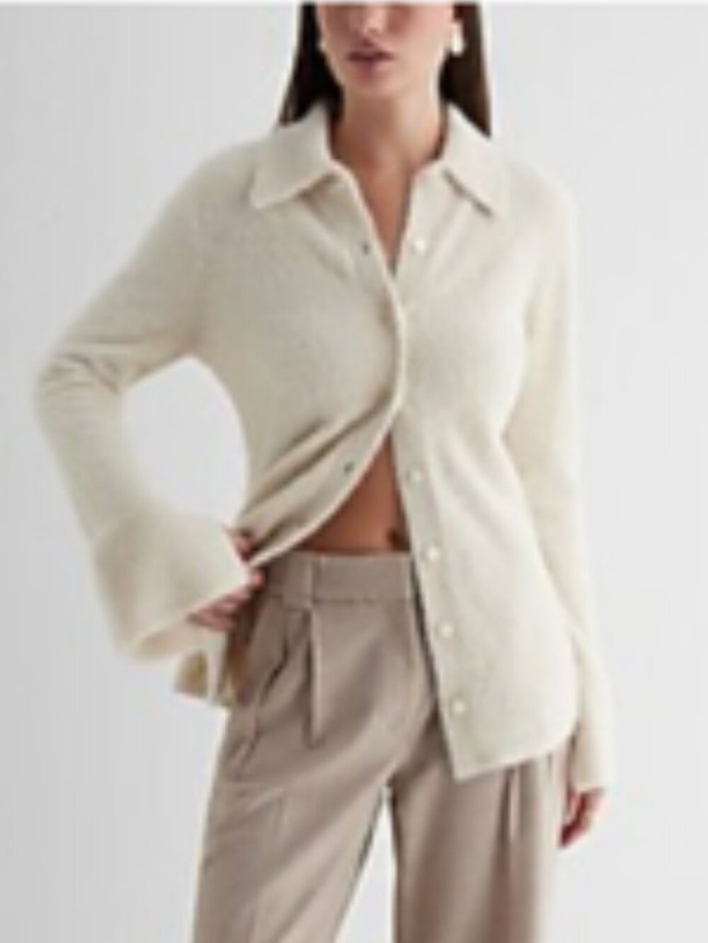 Express Ivory Faux Fur Slit Cuff Stretch Button Down Shirt